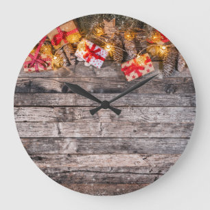 Christmas rustic background, wooden planks. large clock