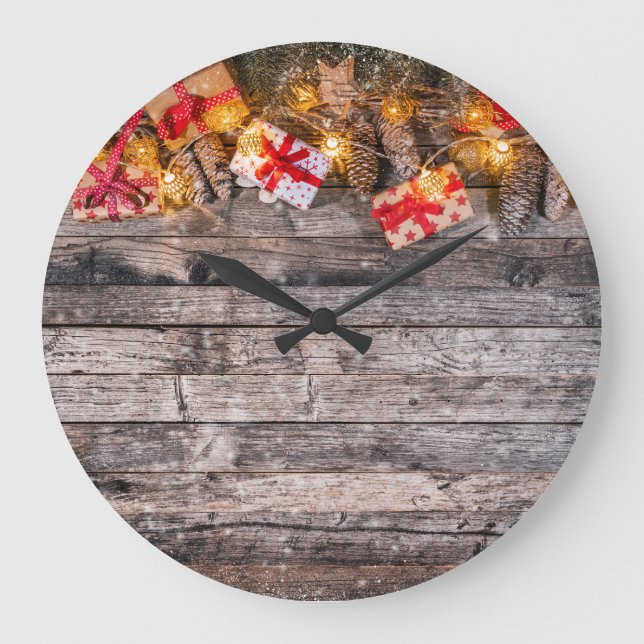 Christmas rustic background, wooden planks. large clock (Front)