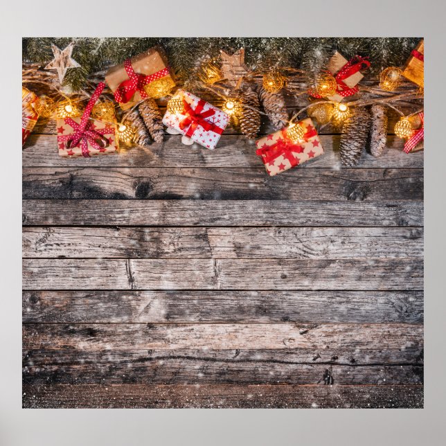 Christmas rustic background, wooden planks. poster (Front)