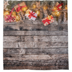 Christmas rustic background, wooden planks. shower curtain