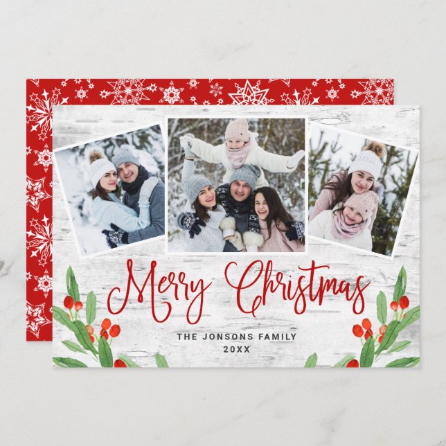 Christmas Rustic Birch Bark 3 PHOTO Greeting Holiday Card (Front/Back)