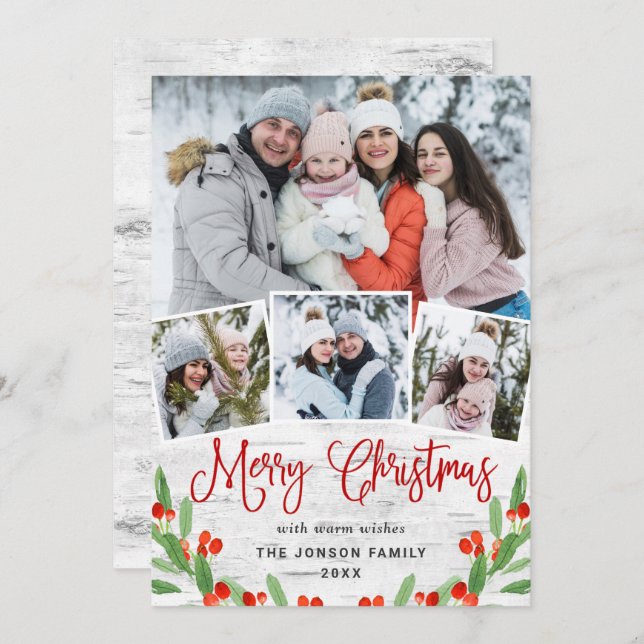 Christmas Rustic Birch Bark 4 PHOTO Greeting Holid Holiday Card (Front/Back)