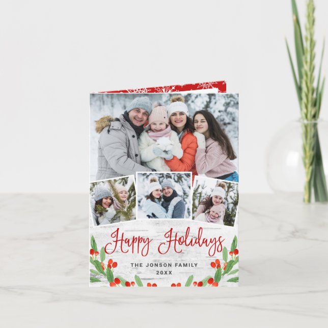 Christmas Rustic Birch Bark 4 PHOTO Greeting Holiday Card (Front)