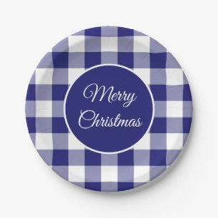 Christmas Rustic Blue And White Checks Pattern Paper Plate