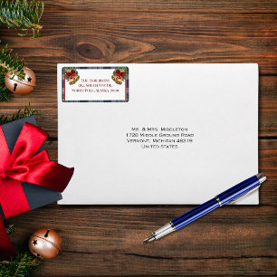 Christmas Rustic Blue Red Plaid Gold Bell Address Label