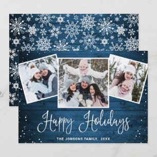 Christmas Rustic Blue Wood 3 PHOTO Greeting Holiday Card