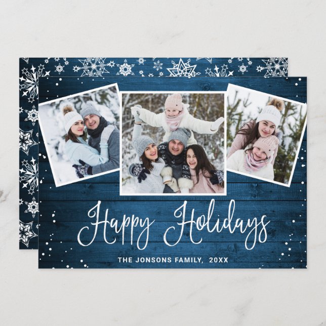 Christmas Rustic Blue Wood 3 PHOTO Greeting Holiday Card (Front/Back)