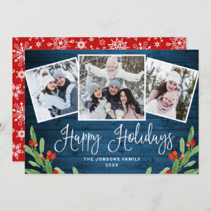 Christmas Rustic Blue Wood 3 PHOTO Greeting Holiday Card