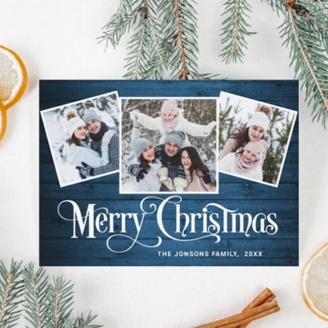 Christmas Rustic Blue Wood 3 PHOTO Magnetic Card (Creator Uploaded)