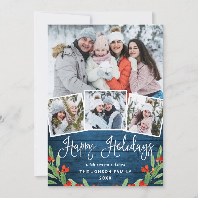 Christmas Rustic Blue Wood 4 PHOTO Greeting Holiday Card (Front)