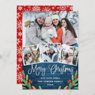Christmas Rustic Blue Wood 4 PHOTO Greeting Holiday Card
