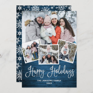 Christmas Rustic Blue Wood 4 PHOTO Greeting Holiday Card