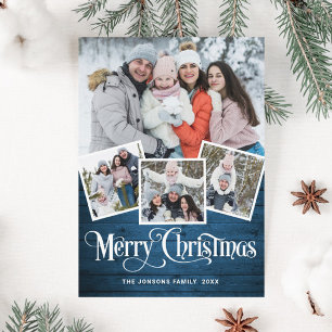 Christmas Rustic Blue Wood 4 PHOTO Greeting Holiday Card