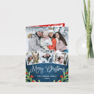 Christmas Rustic Blue Wood 4 PHOTO Greeting Holiday Card