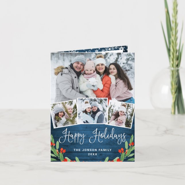 Christmas Rustic Blue Wood 4 PHOTO Greeting Holiday Card (Front)