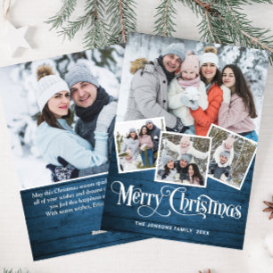 Christmas Rustic Blue Wood 5 PHOTO Greeting Holiday Card