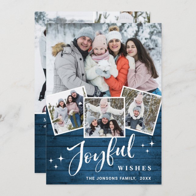 Christmas Rustic Blue Wood 7 PHOTO Greeting Holiday Card (Front/Back)
