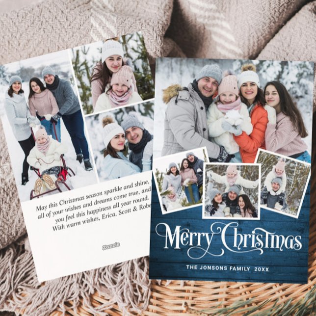 Christmas Rustic Blue Wood 7 PHOTO Greeting Holiday Card (Creator Uploaded)
