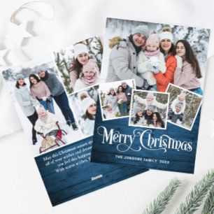Christmas Rustic Blue Wood 7 PHOTO Greeting Holiday Card