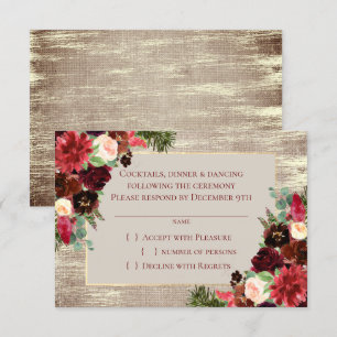 Christmas Rustic Boho Floral Burgundy Gold Burlap RSVP Card