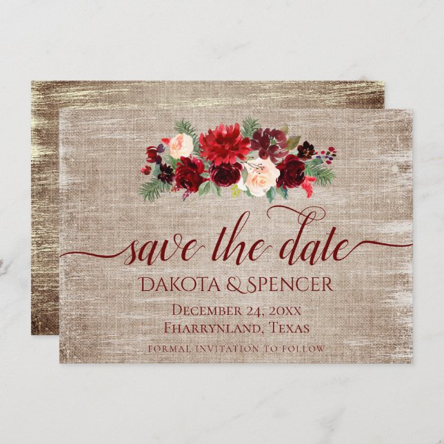 Christmas Rustic Boho Floral Burgundy Gold Burlap Save The Date (Front/Back)