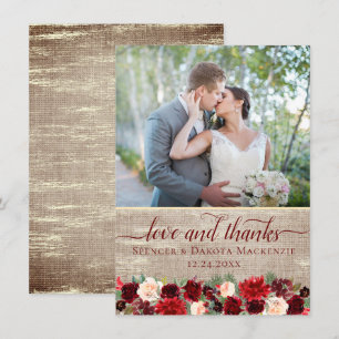 Christmas Rustic Boho Floral Burgundy Gold Photo Thank You Card