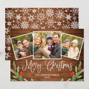 Christmas Rustic Brown Wood 3 PHOTO Greeting Holiday Card