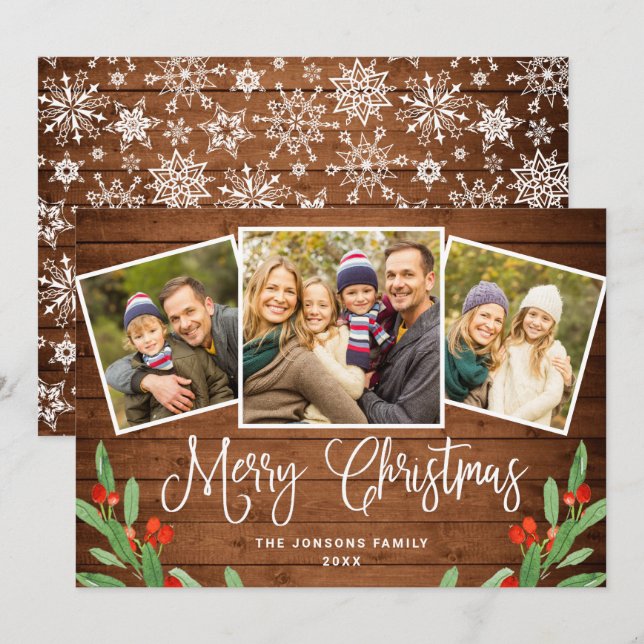 Christmas Rustic Brown Wood 3 PHOTO Greeting Holiday Card (Front/Back)