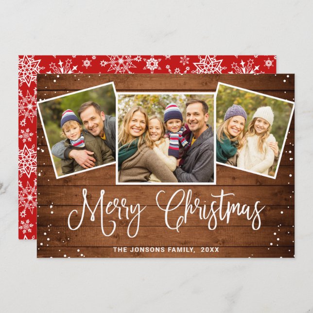 Christmas Rustic Brown Wood 3 PHOTO Greeting Holiday Card (Front/Back)