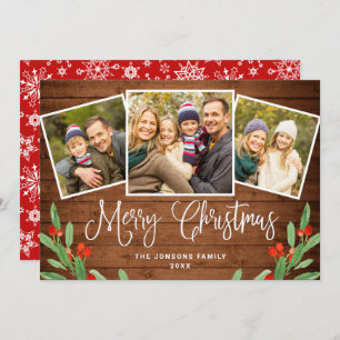 Christmas Rustic Brown Wood 3 PHOTO Greeting Holiday Card