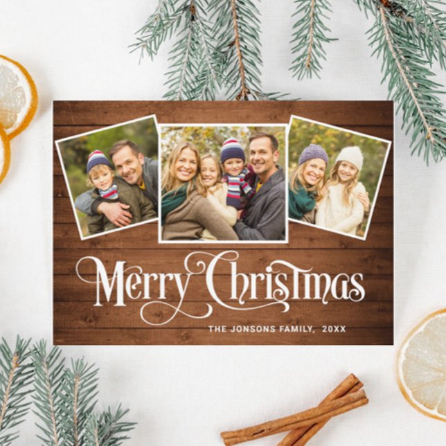 Christmas Rustic Brown Wood 3 PHOTO Magnetic Card (Creator Uploaded)