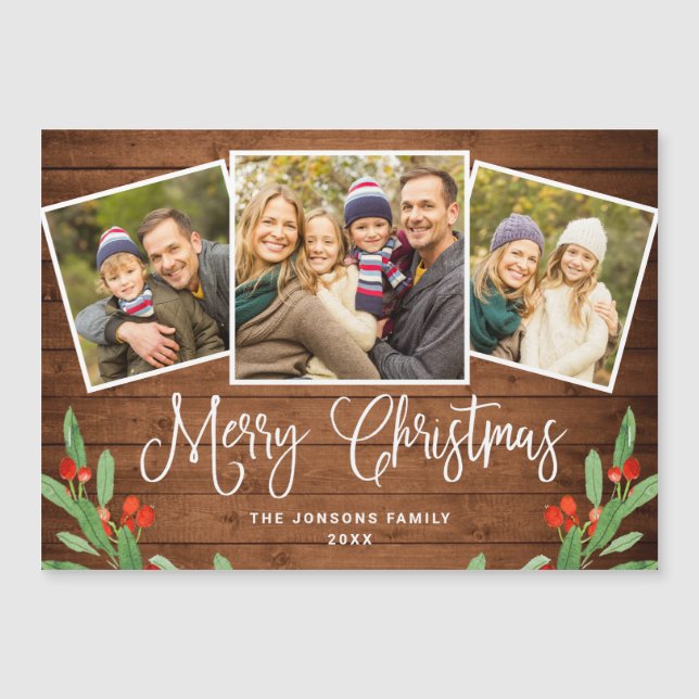 Christmas Rustic Brown Wood 3 PHOTO Magnetic Card (Front)