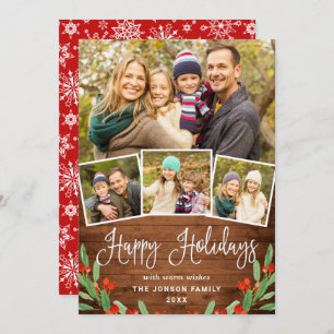 Christmas Rustic Brown Wood 4 PHOTO Greeting Holiday Card