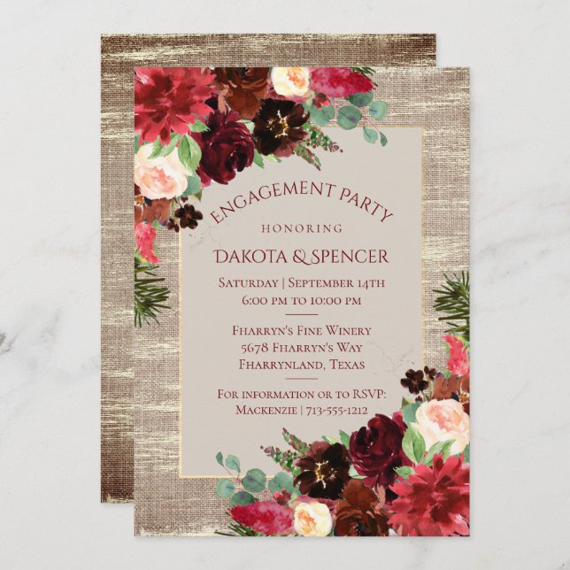 Christmas Rustic Burgundy Gold Engagement Party Invitation (Front/Back)