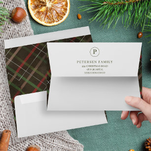 Christmas rustic chic red green plaid monogrammed envelope