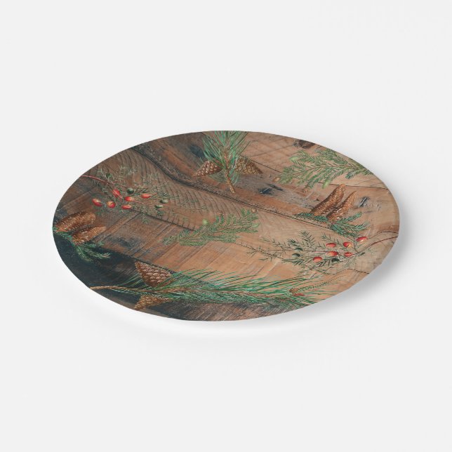 Christmas Rustic Conifers Pine Wood  Paper Plate (Angled)