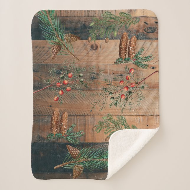 Christmas Rustic Conifers Pine Wood Sherpa Blanket (Front)