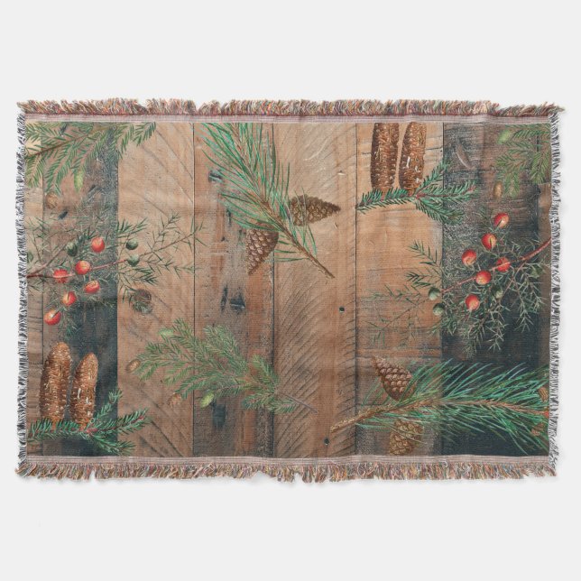Christmas Rustic Conifers Pine Wood Throw Blanket (Front)