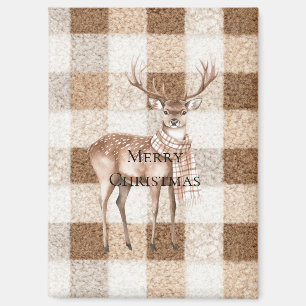 Christmas Rustic Cream Brown Plaid Deer Magnet