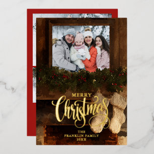Christmas Rustic Fireplace 4 Photo Collage Foil Holiday Card