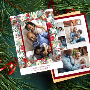 Christmas rustic floral 5 photo collage burgundy holiday card