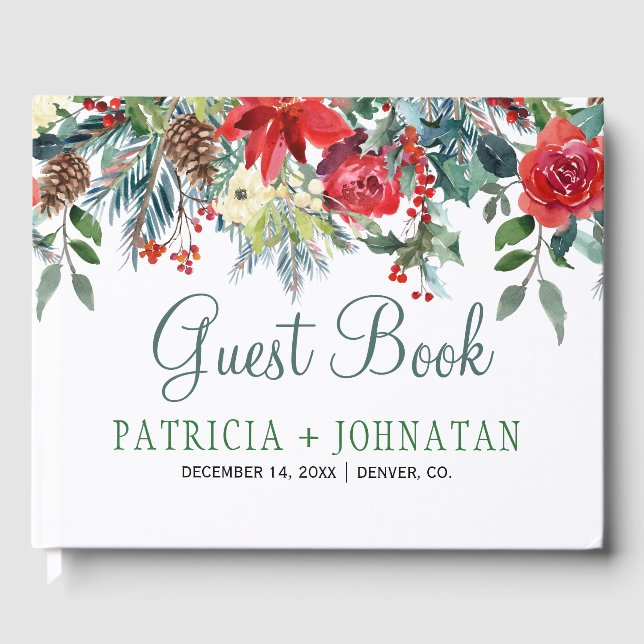 Christmas rustic floral elegant winter wedding guest book (Front)