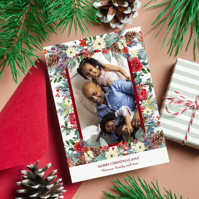 Christmas rustic floral family photo red burgundy holiday card (Creator Uploaded)