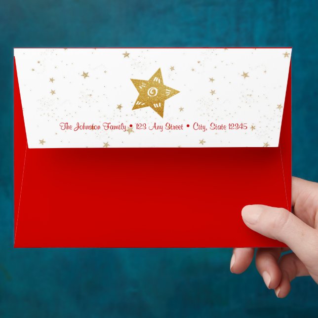 Christmas rustic gold stars script red custom name envelope (Hand)