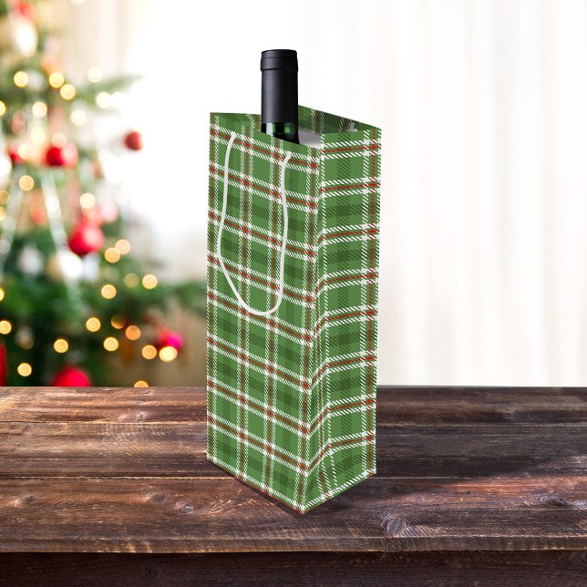 Christmas Rustic Green Farmhouse Holiday Plaid Wine Gift Bag (Green simple plaid pattern wine gift bag)