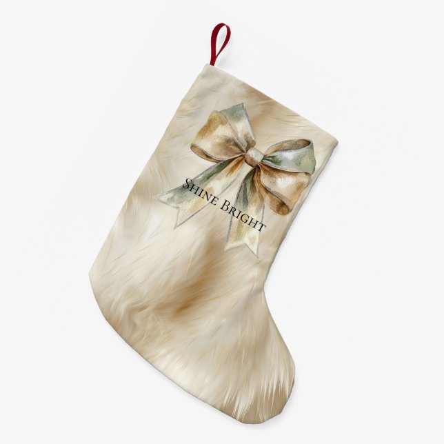 Christmas Rustic Green Gold Bow Faux Animal Fur Small Christmas Stocking (Front (Hanging))
