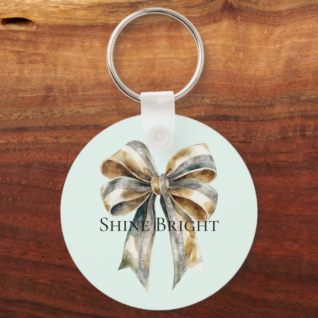 Christmas Rustic Green Gold Bow Personalised Key Ring (Front)