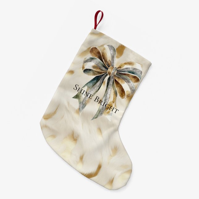 Christmas Rustic Green Gold Bow Personalised Small Christmas Stocking (Front (Hanging))