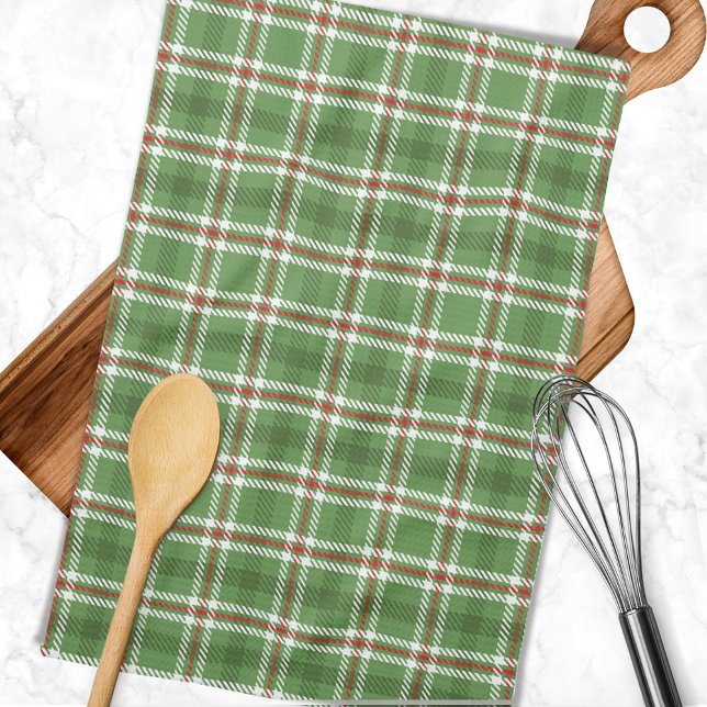 Christmas Rustic Green Holiday Farmhouse Plaid Tea Towel (Simple green plaid rustic kitchen towel.)
