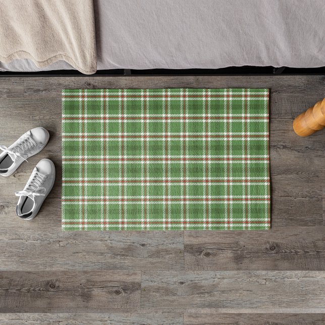 Christmas Rustic Green Holiday Plaid Farmhouse Doormat (Simple green and red classic holiday plaid pattern doormat)